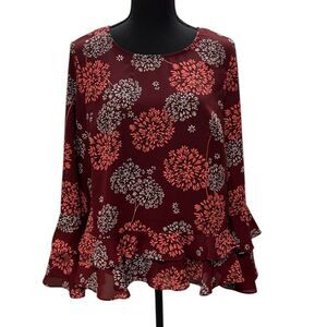 A.N.A. Burgundy Sheer Ruffled Top Blouse Long Bell Sleeves Sz M